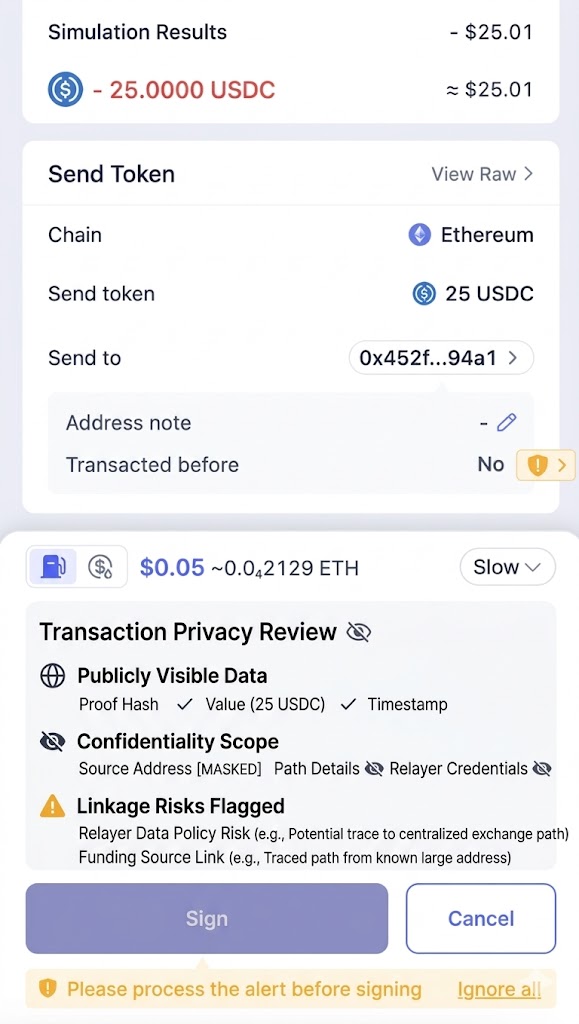 An example warning and simulation for a private tx